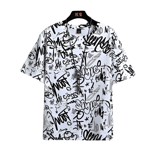 Urban Graffiti T-Shirt with black street art style print on white fabric, casual relaxed fit design