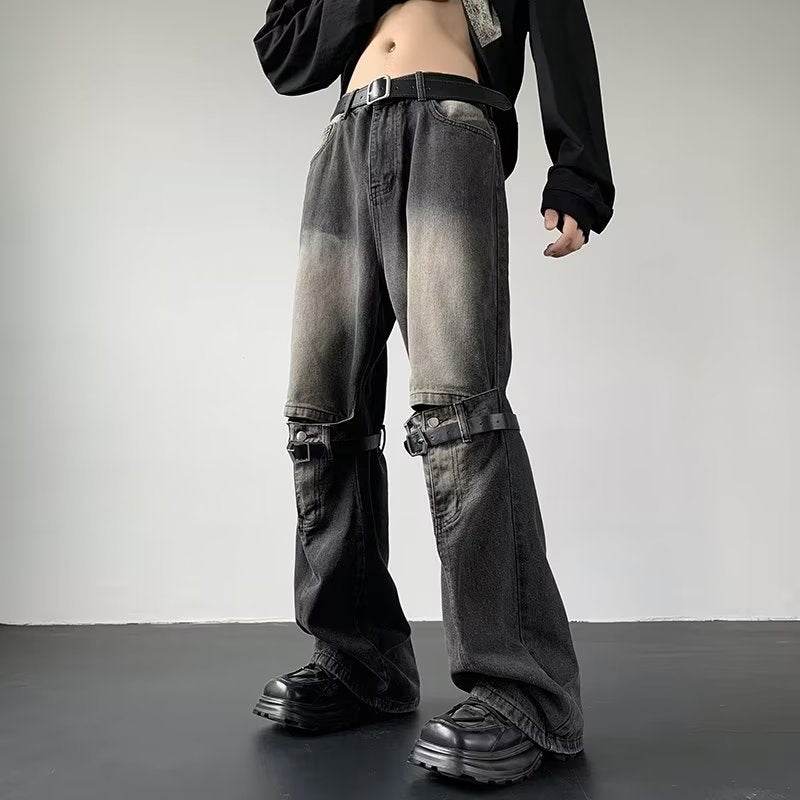 Blugi prespălați retro cu detaliu din metal jeanși baggy negri cu curea în talie și barete la genunchi