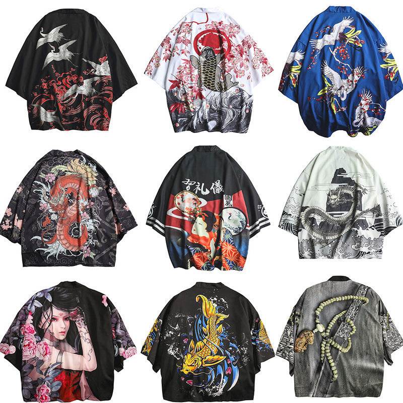 AM Vision RO kimono scurte cu imprimeuri dragon carpe si pasari Chimono de femei cu imprimeu japonez pentru tinute casual