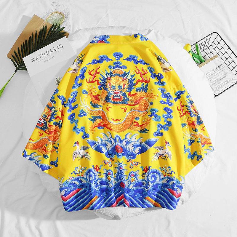 Chimono de femei cu imprimeu japonez galben cu dragon albastru valuri si cocori decorative