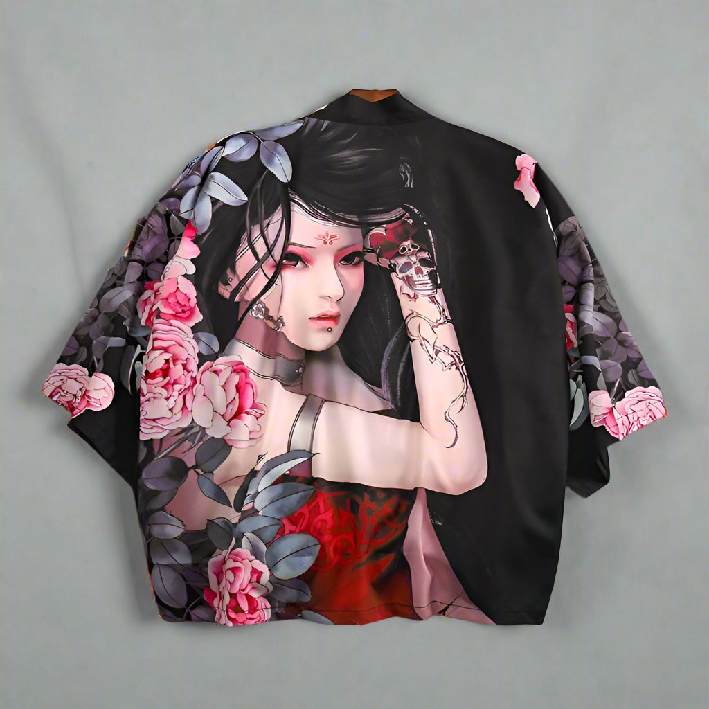 Chimono de femei cu imprimeu japonez AM Vision RO negru cu ilustrație geisha și flori roz