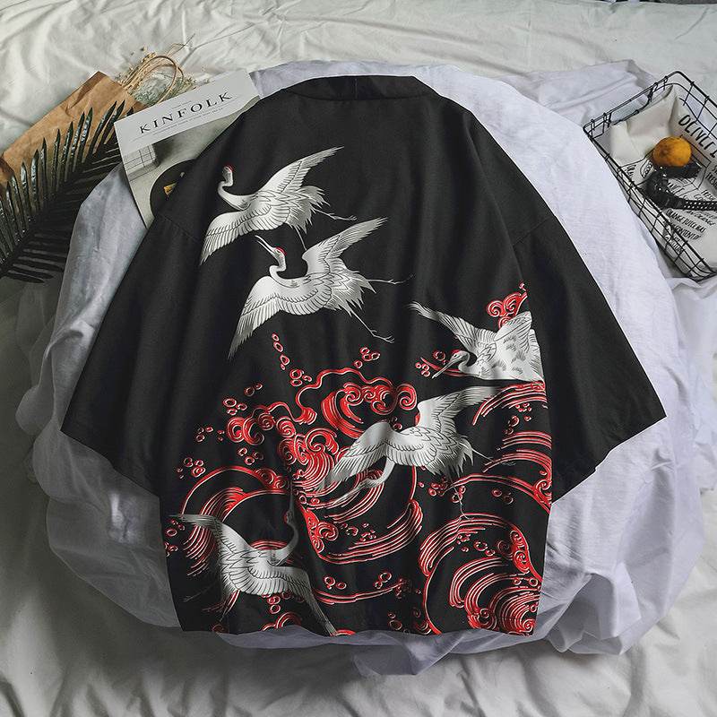 Chimono de femei cu imprimeu japonez negru cu cocori albi si valuri rosii croiala lejera pentru plaja si casual