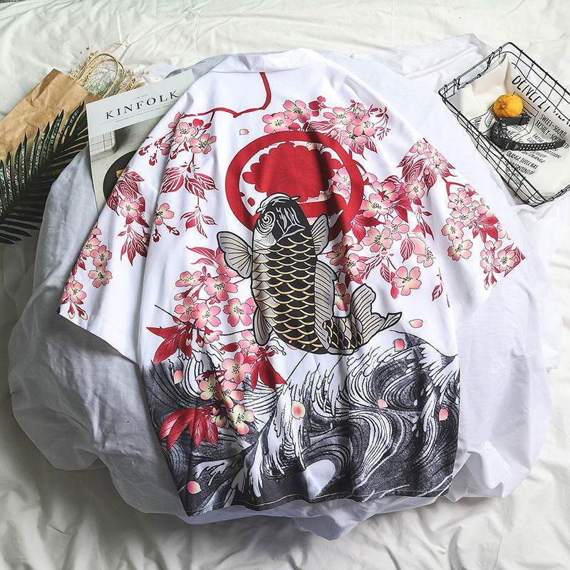 Chimono de femei cu imprimeu japonez AM Vision RO alb cu carasi koi flori de cires si valuri kimono scurt lejer