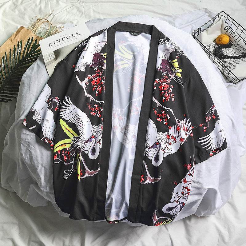 AM Vision RO kimono negru cu cocori albi si flori rosii, Chimono de femei cu imprimeu japonez. Ideal pentru tinuta casual