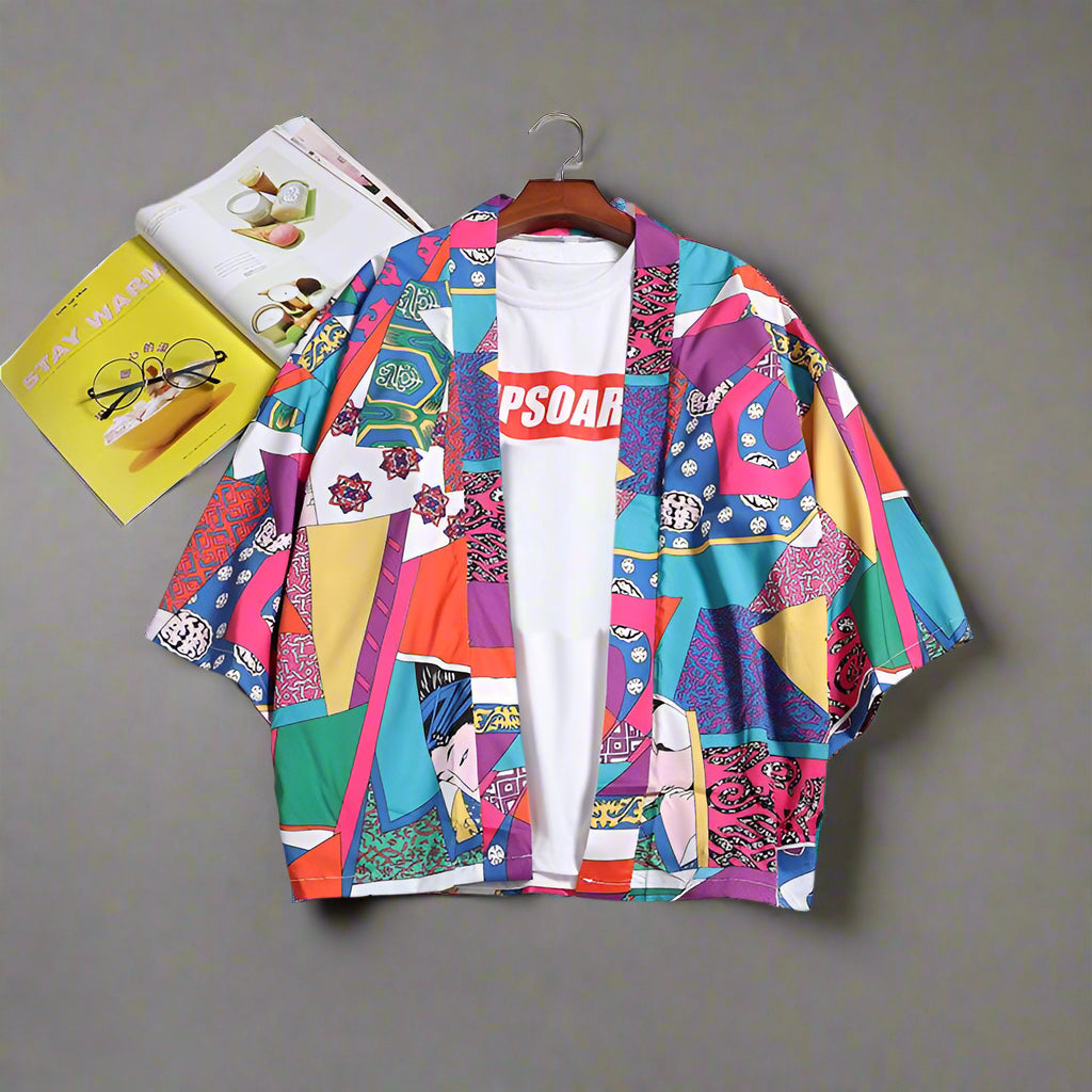 Chimono de femei cu imprimeu japonez multicolor, maneci scurte, croiala casual pe umeras