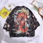 Chimono de femei cu imprimeu japonez negru cu dragon rosu si flori sakura, jacheta lejera pentru tinute casual