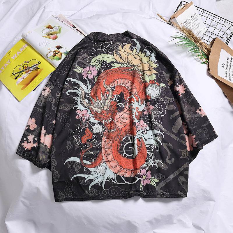 Chimono de femei cu imprimeu japonez negru cu dragon rosu si flori sakura, jacheta lejera pentru tinute casual