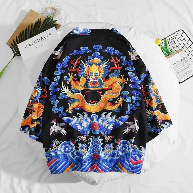 Kimono negru lejer cu dragon colorat, valuri si cocori, jachetă vaporoasă AM Vision RO Chimono de femei cu imprimeu japonez.