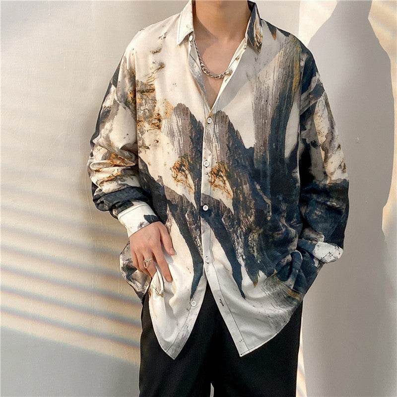 Cămăsi tie-dye diferite modele stil retro camasa barbati oversize cu imprimeu abstract crem negru gri nasturi si guler