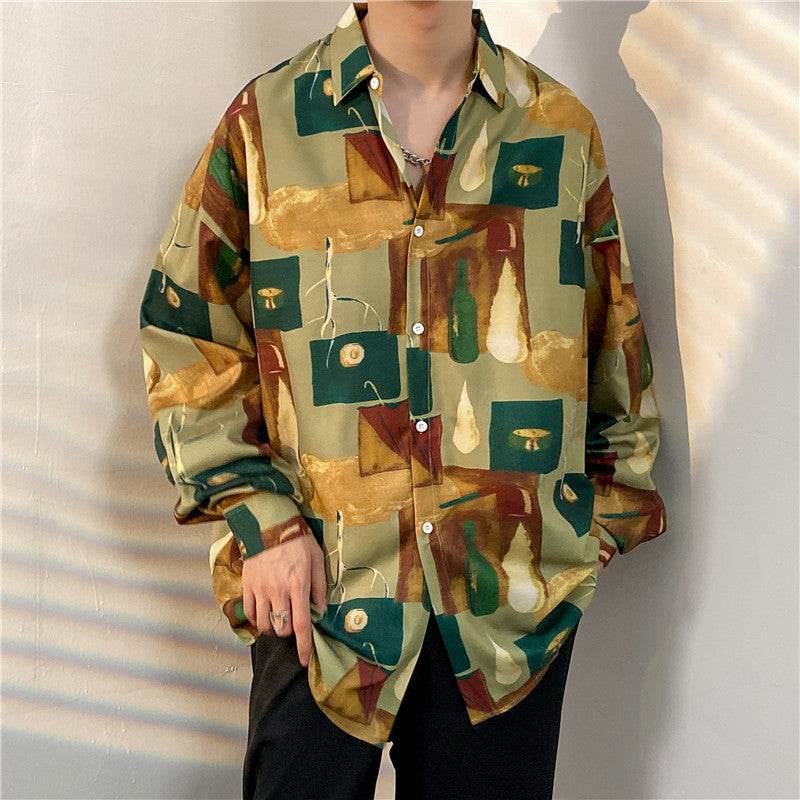Cămăsi tie-dye diferite modele stil retro bărbați cămașă oversized cu imprimeu geometric verde și galben muștar