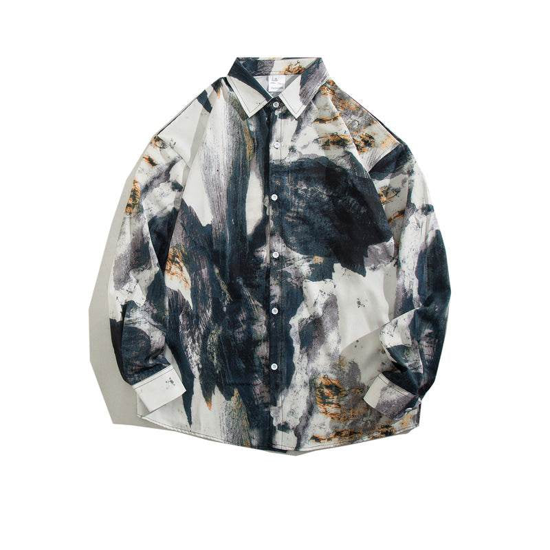 Cămăsi tie-dye diferite modele stil retro. Cămașă cu nasturi, model abstract alb negru gri cu accente maro