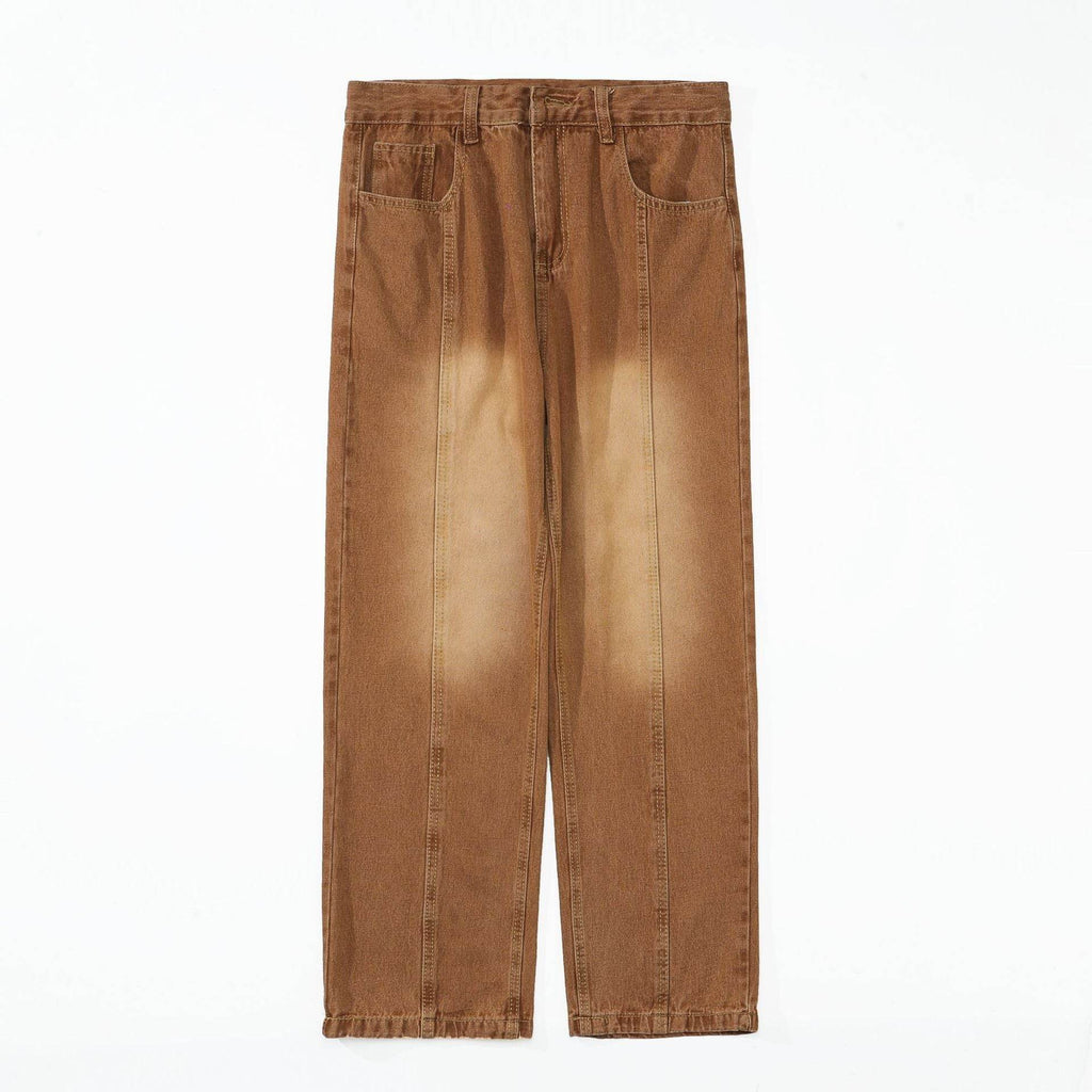 Pantaloni drepți vintage prespălați maro cu aspect decolorat pe coapse cusături centrale și buzunare frontale