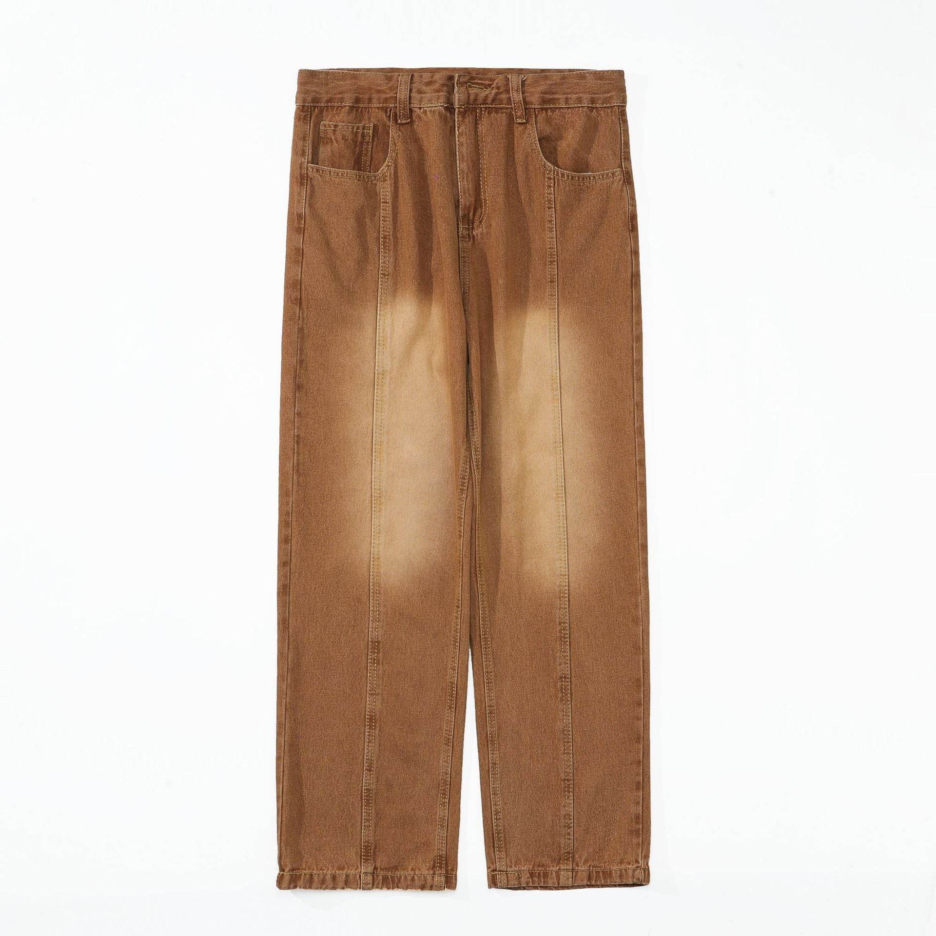 Pantaloni drepți vintage prespălați maro cu aspect decolorat pe coapse cusături centrale și buzunare frontale