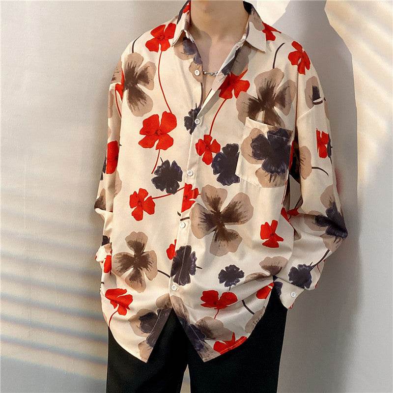 Cămăsi tie-dye diferite modele stil retro camasa masculina crem cu imprimeu floral rosu si maro, guler si nasturi