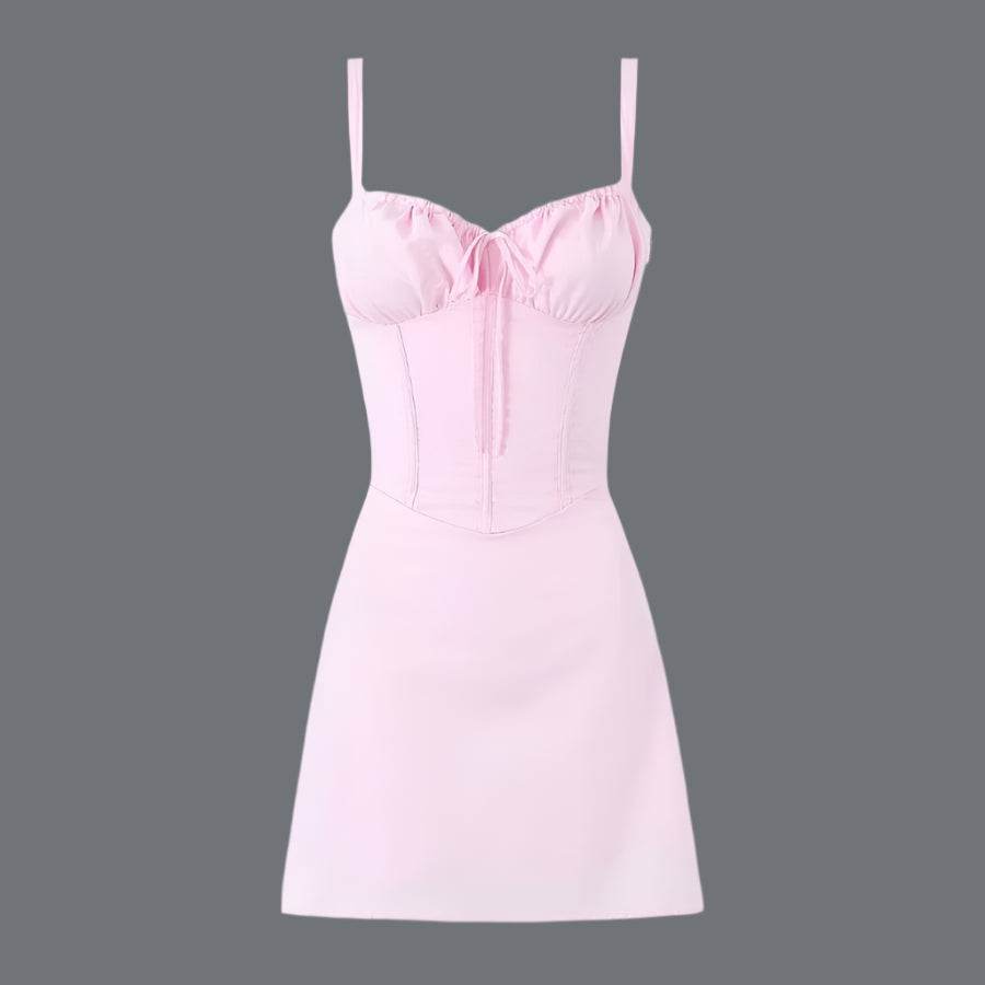 rochie scurtă cu corset roz pal AM Vision RO cu bretele subțiri talie conturată și material neted pentru ocazii