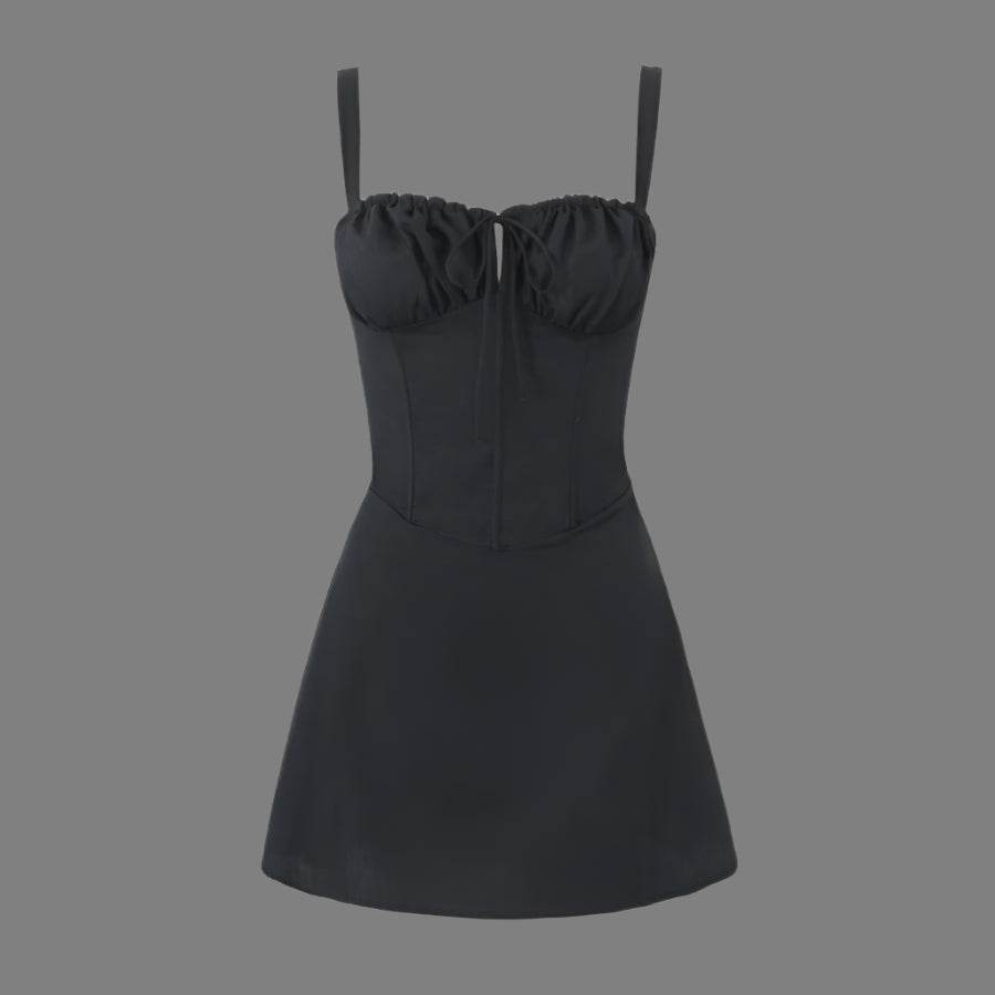 rochie scurtă cu corset neagră cu bretele subțiri corset structurat talie definită fustă cloș pentru petrecere