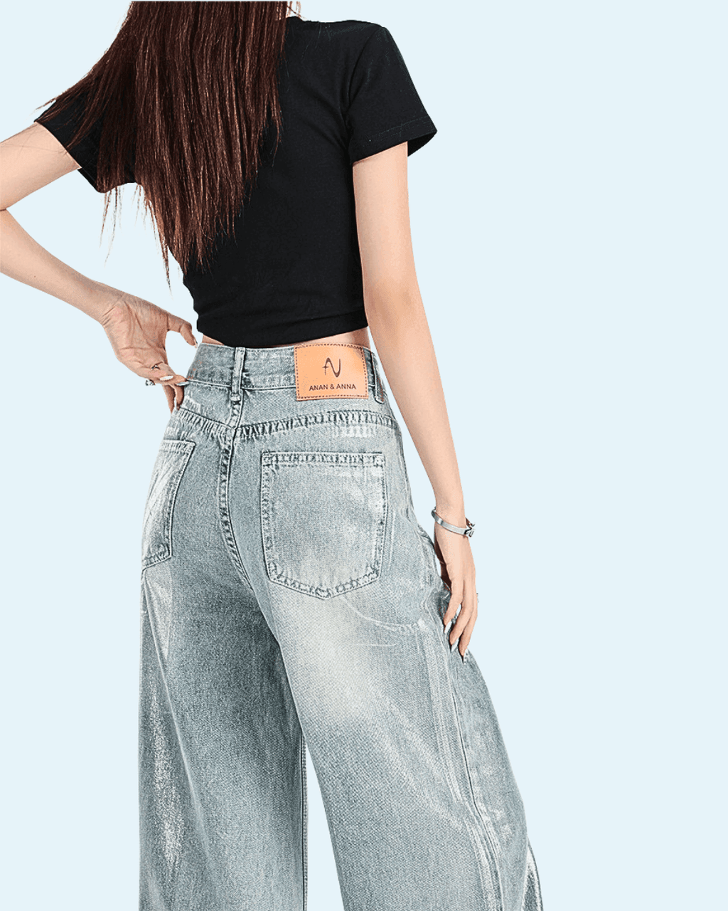 Pantaloni argintii strălucitori cu talie înaltă din denim model larg de la AM Vision RO