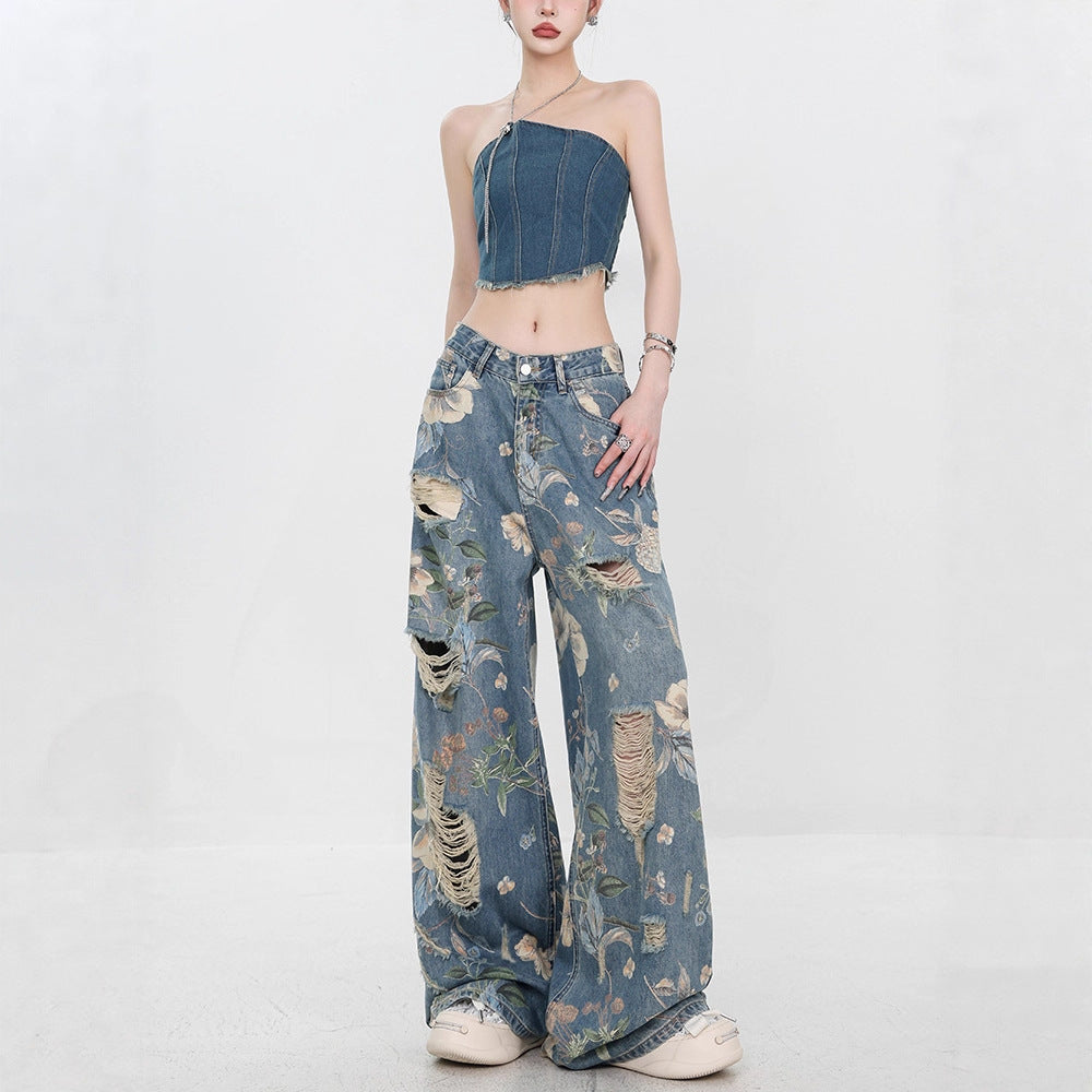 Retro Ripped Wide Leg Jeans