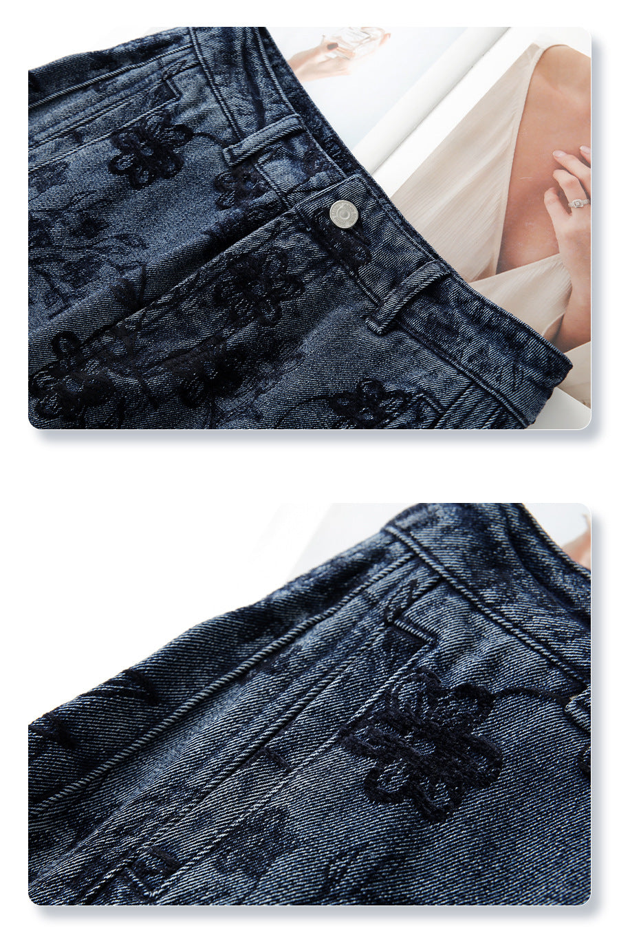 Close-up of Retro Jacquard Wide Leg Denim Pants showcasing floral pattern and textured fabric detail