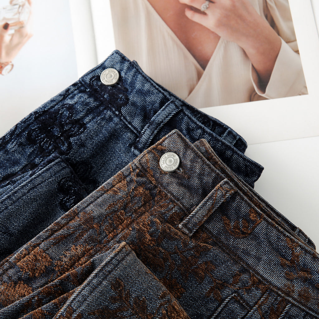 Close-up of Retro Jacquard Wide Leg Denim Pants showcasing intricate fabric patterns and details