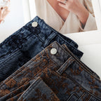 Close-up of Retro Jacquard Wide Leg Denim Pants showcasing intricate fabric patterns and details
