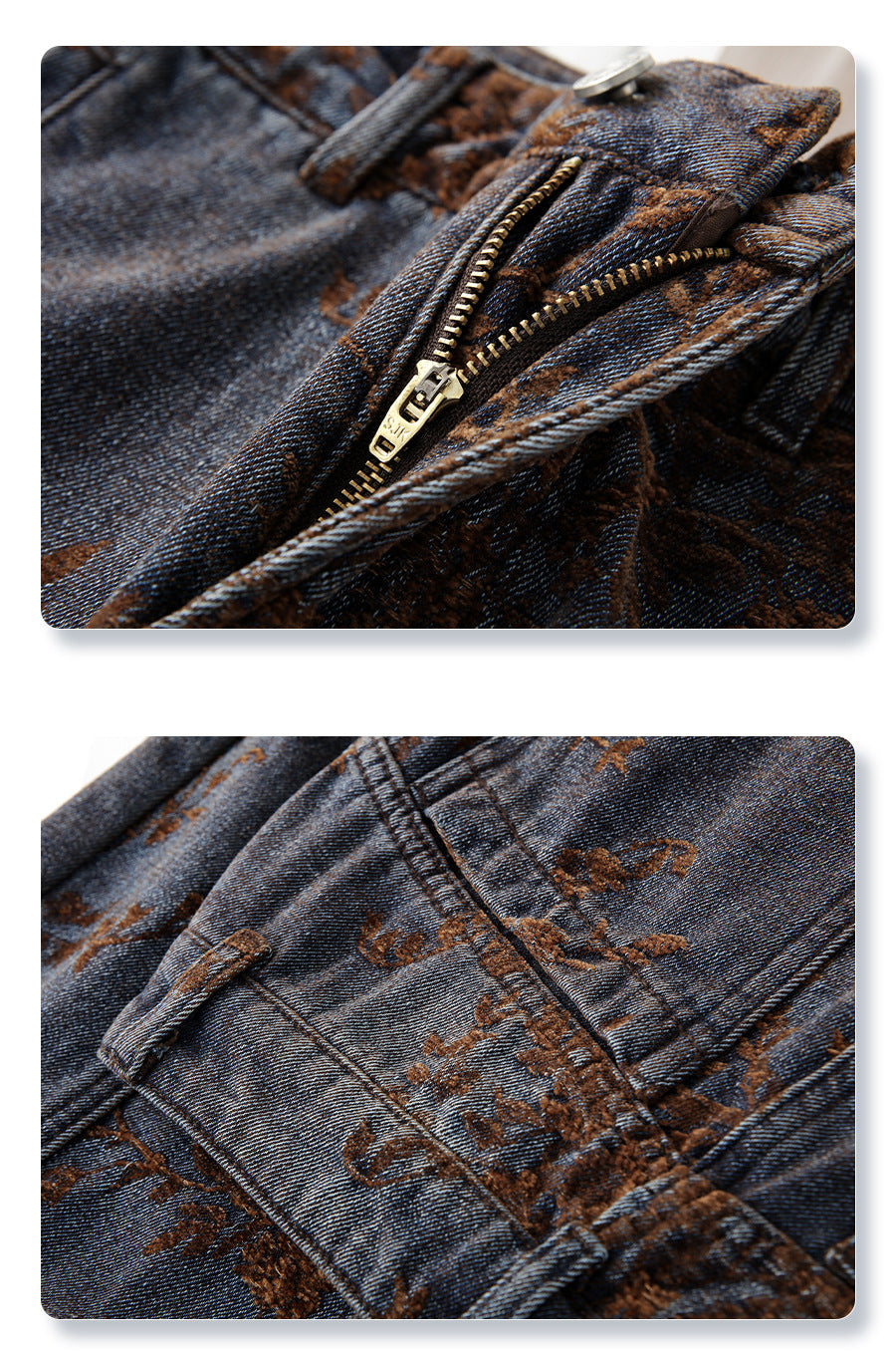 Close-up of Retro Jacquard Wide Leg Denim Pants showcasing detailed zipper and fabric texture