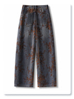 Retro Jacquard Wide Leg Denim Pants in gray with floral design, perfect for casual outfits