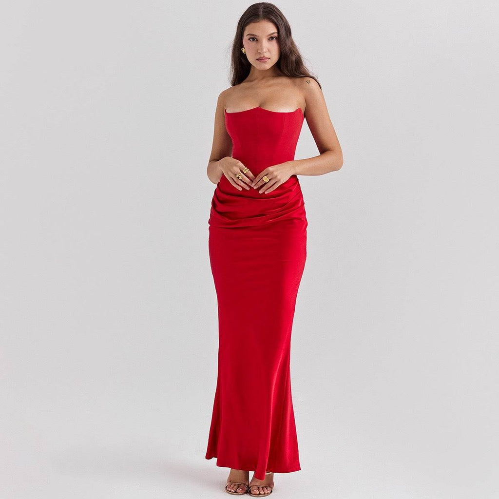 Rochie elegantă lungă cu umerii goi roșie, croială mulată cu talie drapată, lungime până la podea, model AM Vision RO