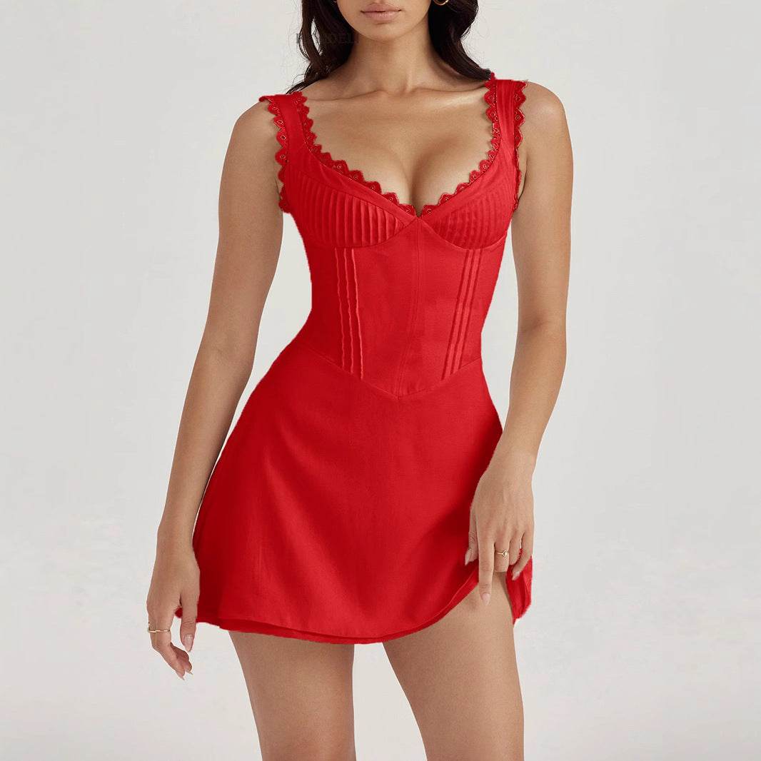 Rochie scurtă casual roșie AM Vision RO cu corset ajustat, dantelă la decolteu și croială mini pentru vară