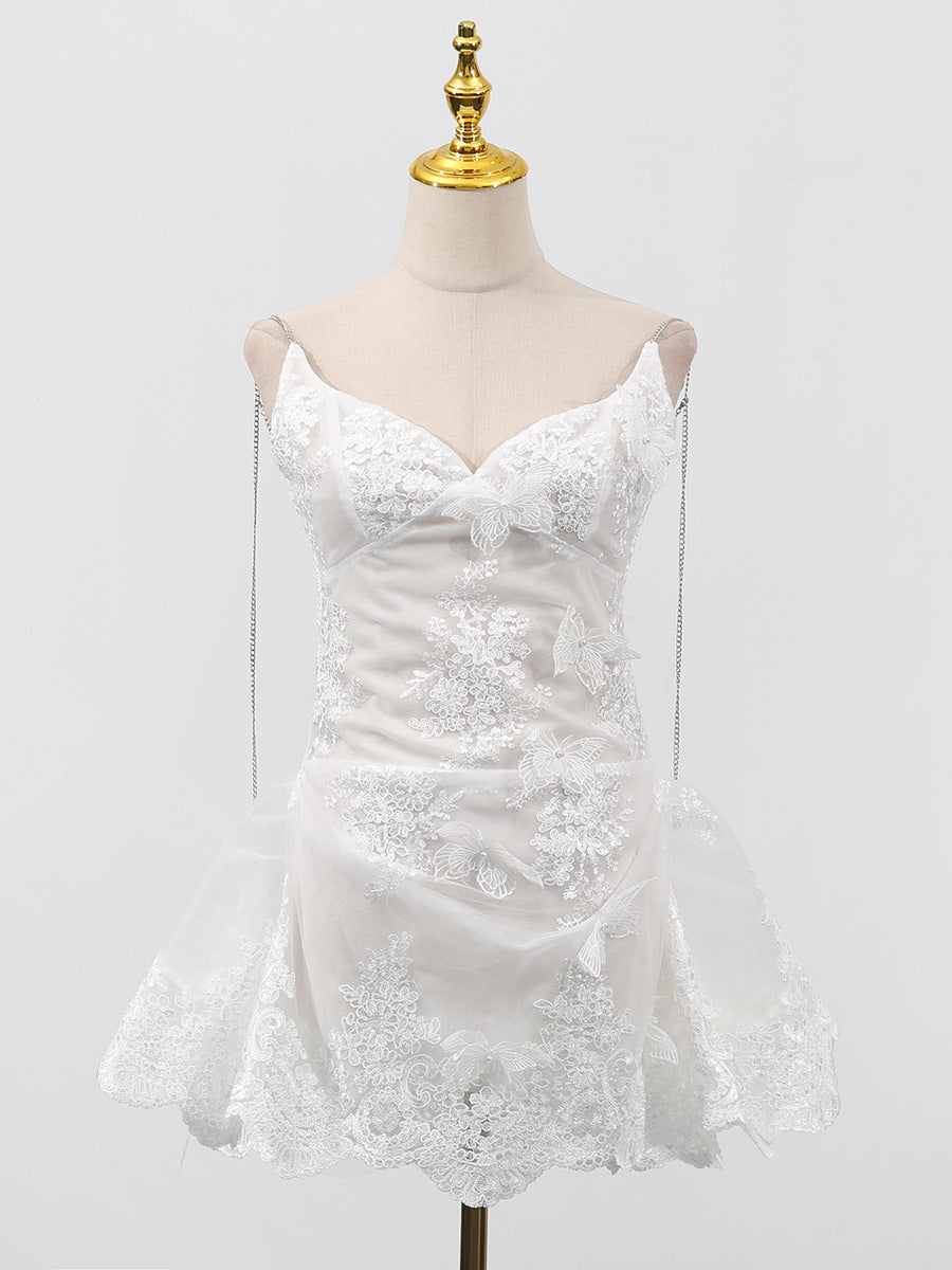 Ivory Siren Lace Mini Dress with delicate lace detailing and a flared hem for a stylish look