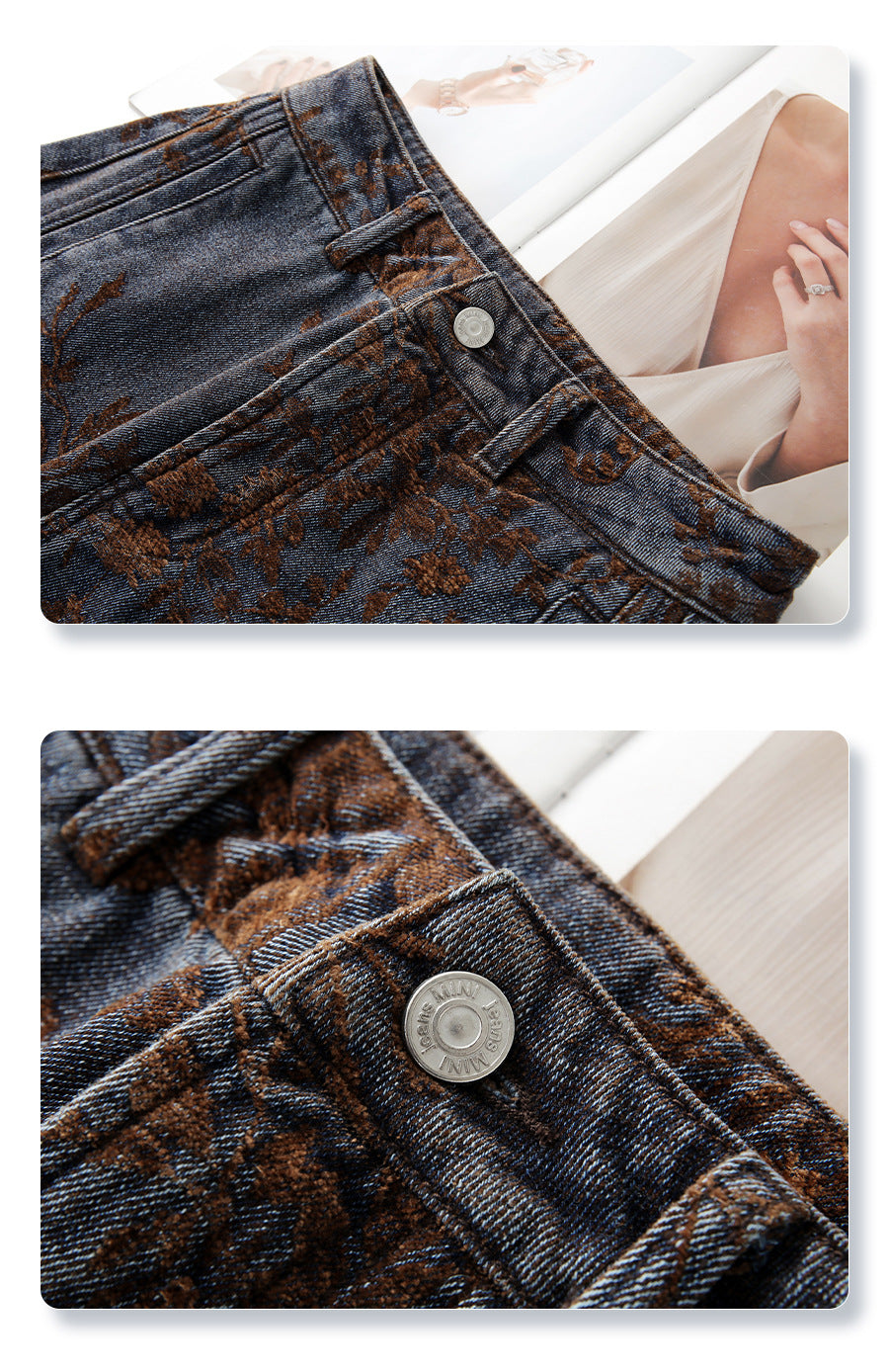 Close-up of Retro Jacquard Wide Leg Denim Pants featuring intricate floral patterns and detailed stitching