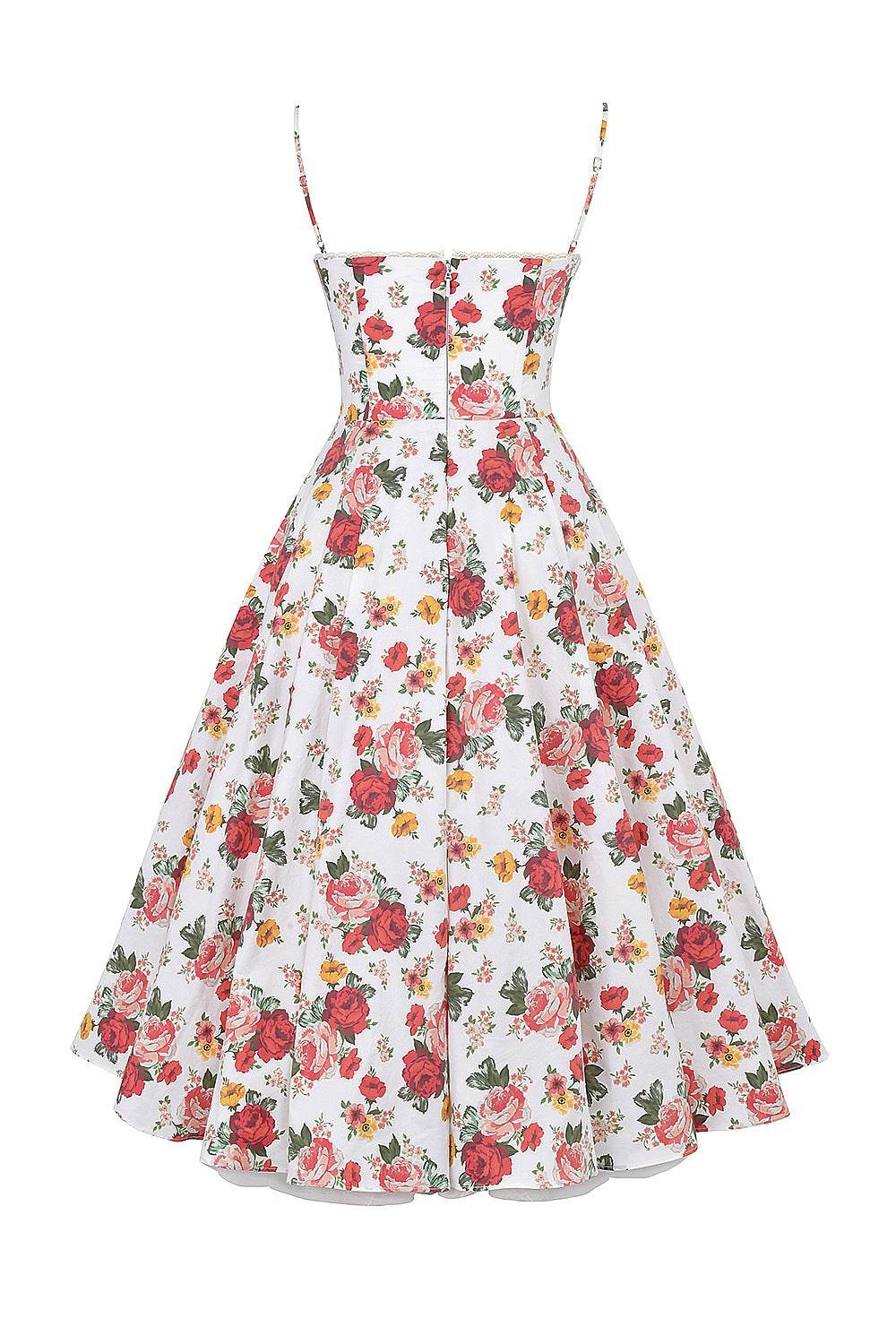 Rochie midi din satin alba cu imprimeu floral roz rosu bretele subtiri si talie marcata pentru vara