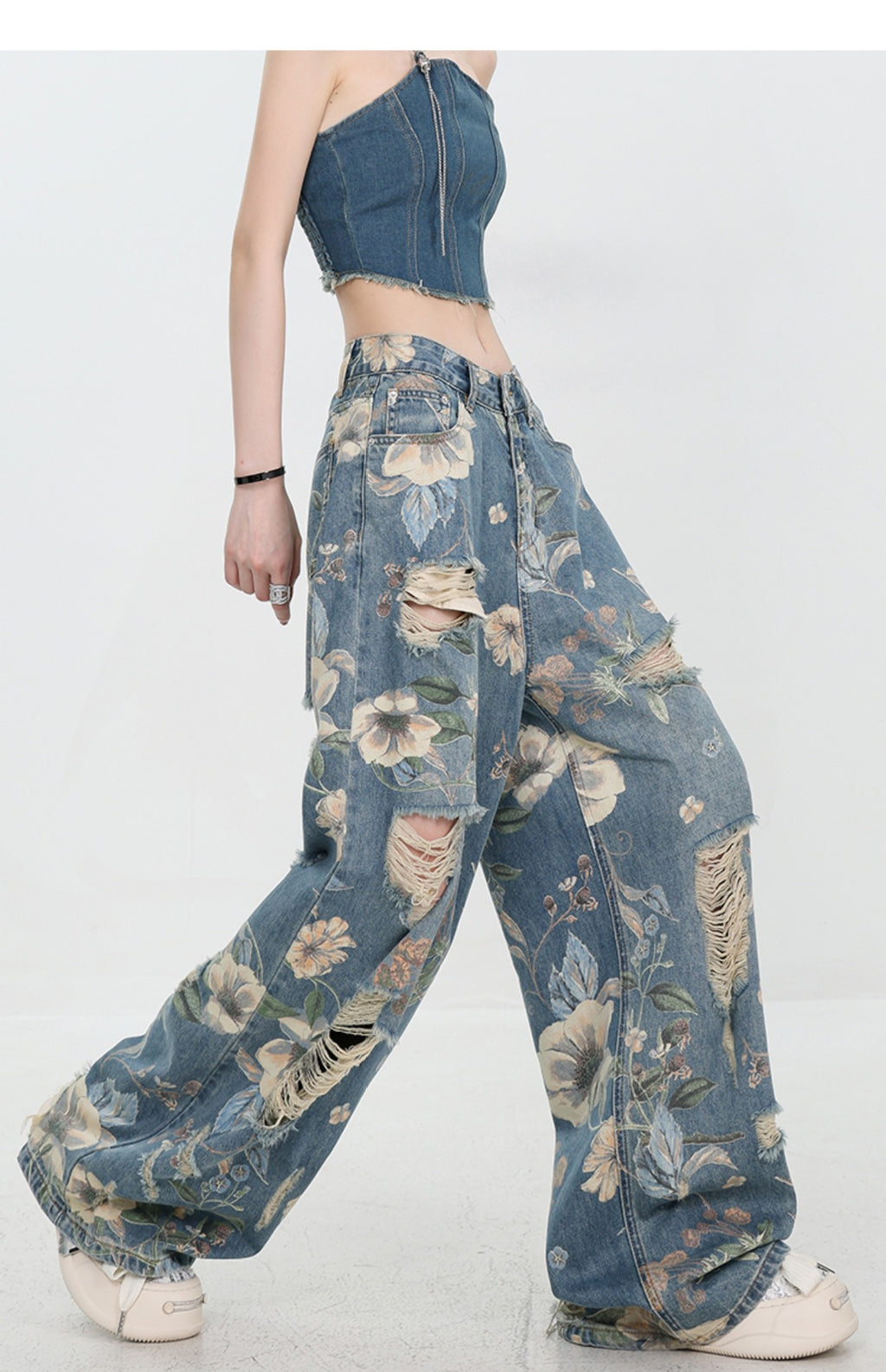 Retro Ripped Wide Leg Jeans