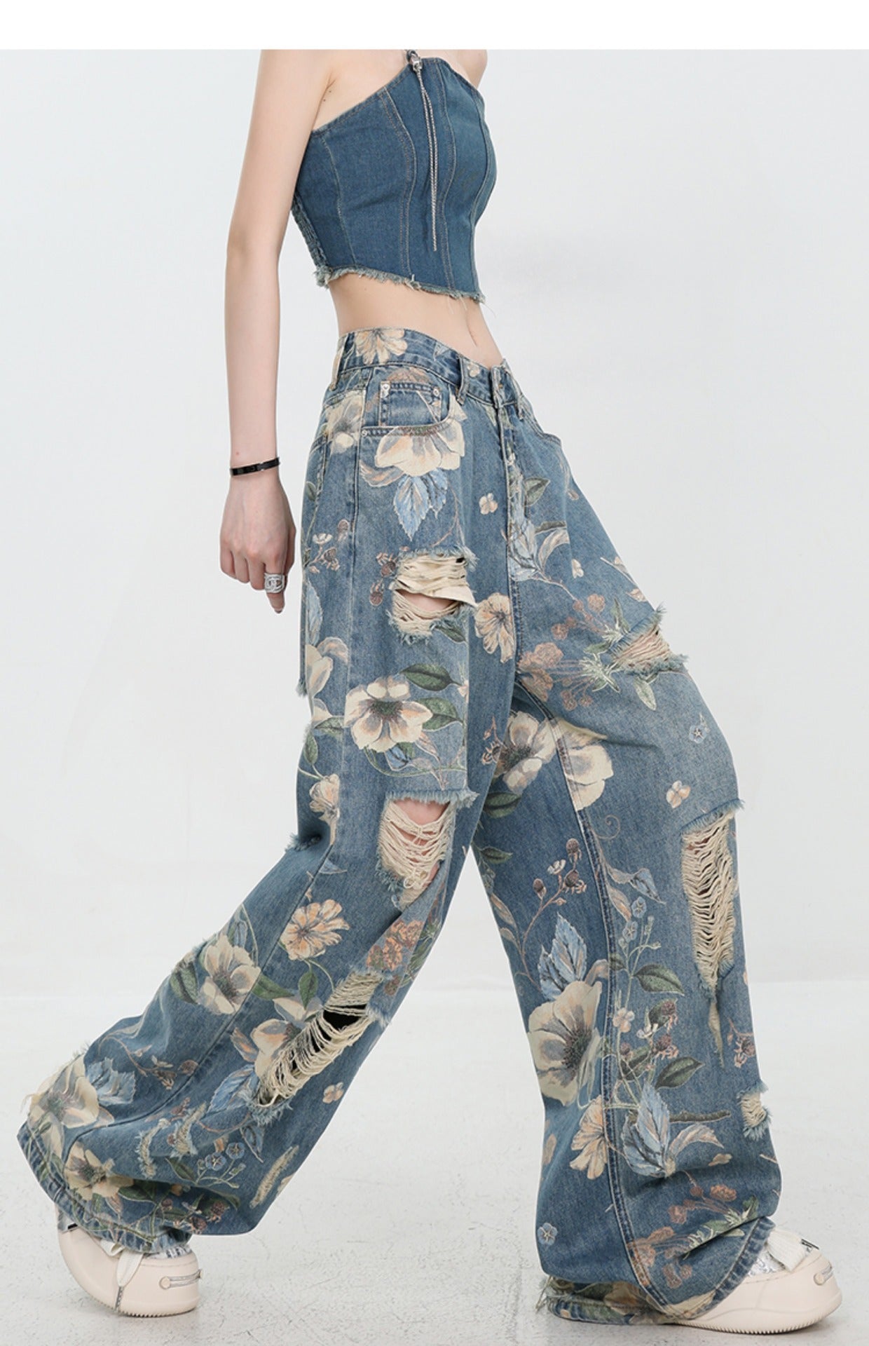 Retro Ripped Wide Leg Jeans