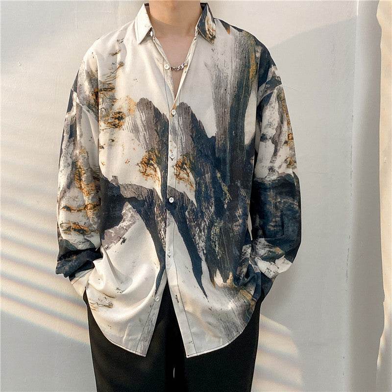 AM Vision RO cămașă bărbătească oversized cu imprimeu abstract gri și auriu, Cămăsi tie-dye diferite modele stil retro.