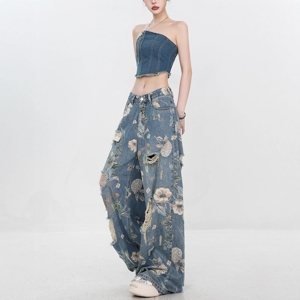 Retro Ripped Wide Leg Jeans