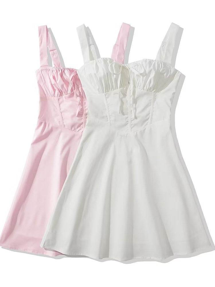rochie scurtă cu corset AM Vision RO set de doua rochii roz si alb cu bretele si fusta evazata