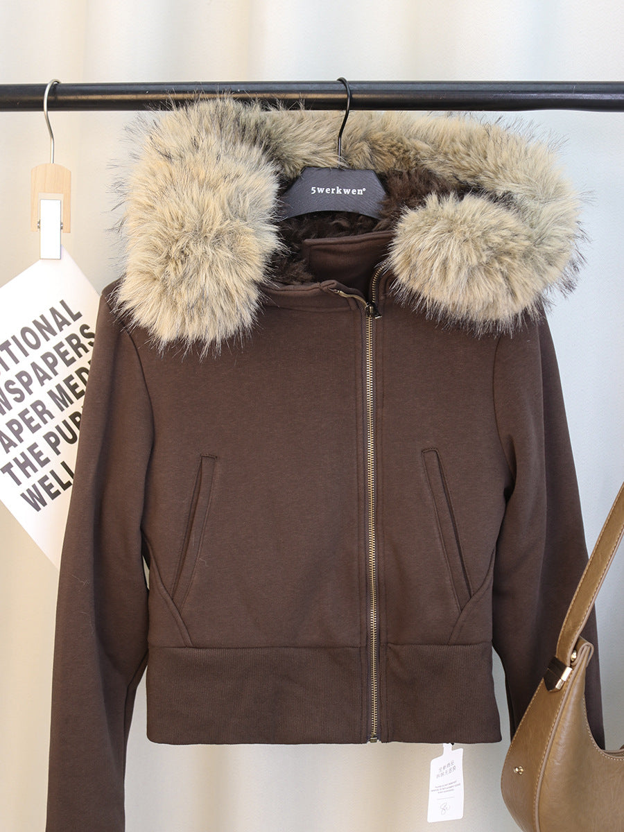 Brown AM Vision RO Winter Cinched Quilted Hoodie Jacket with Faux Fur Hood for Stylish Warmth
