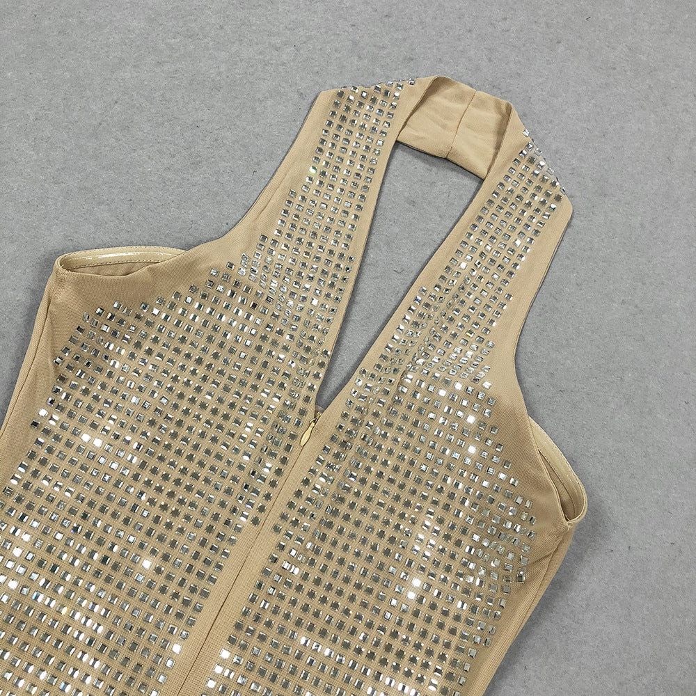 Luxe Spark Halter Rhinestone Evening Dress