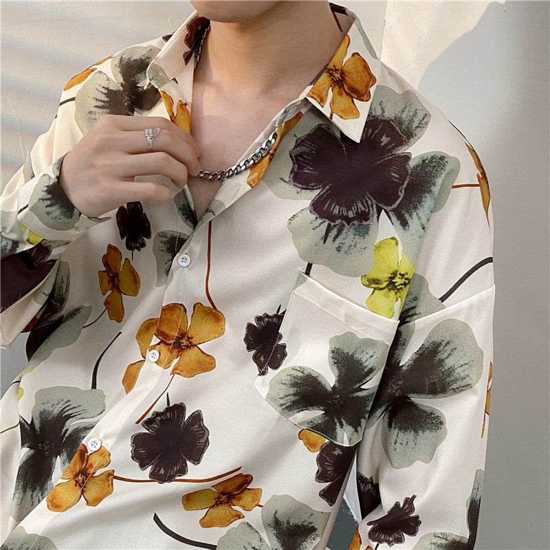 Cămăsi tie-dye diferite modele stil retro AM Vision RO cămașă bărbați cu imprimeu floral mare pe fundal crem