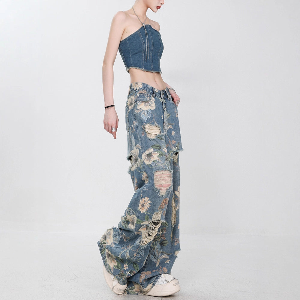 Retro Ripped Wide Leg Jeans