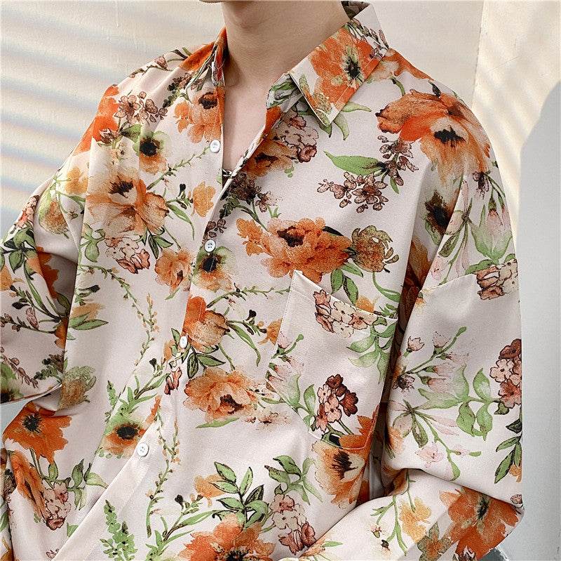 Cămăsi tie-dye diferite modele stil retro. Cămașă masculină cu imprimeu floral portocaliu, guler, buzunar piept, mâneci lungi