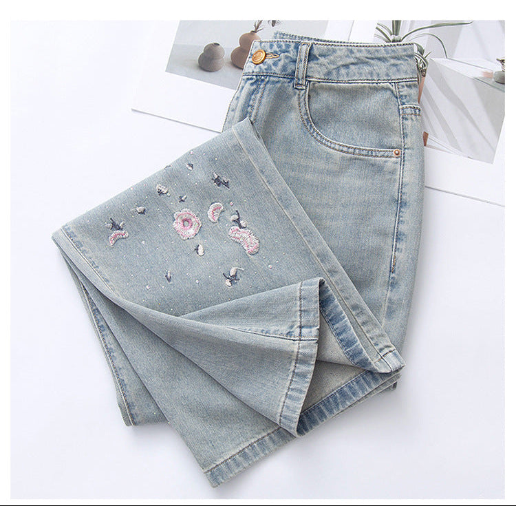 Spring Embroidered Wide Leg Jeans