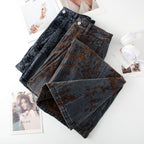 Retro Jacquard Wide Leg Denim Pants showcasing floral patterns in dark shades for a stylish look