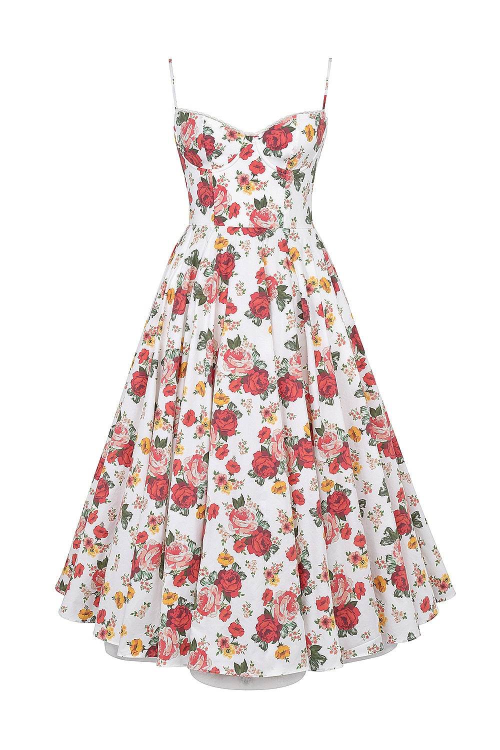Rochie midi din satin. Albă cu imprimeu de trandafiri roșii, bretele subțiri și fustă evazată retro