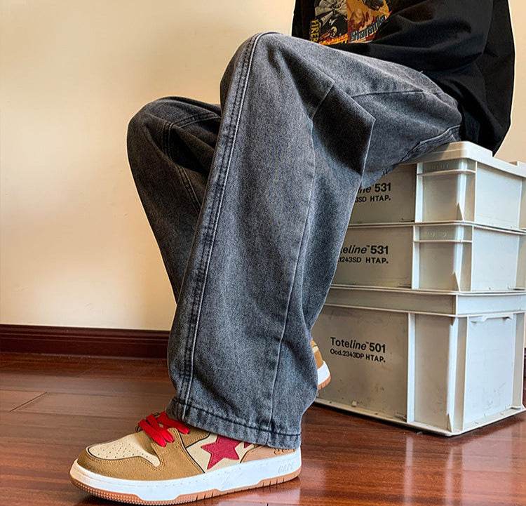 Pantaloni drepți vintage prespălați gri închis cu croială dreaptă largă la gleznă pentru look streetwear casual