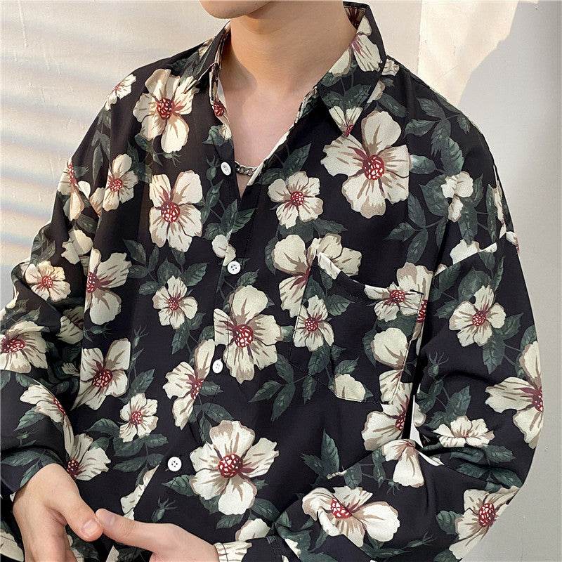 Cămăsi tie-dye diferite modele stil retro cămașă bărbătească cu model floral alb pe fond negru și buzunar