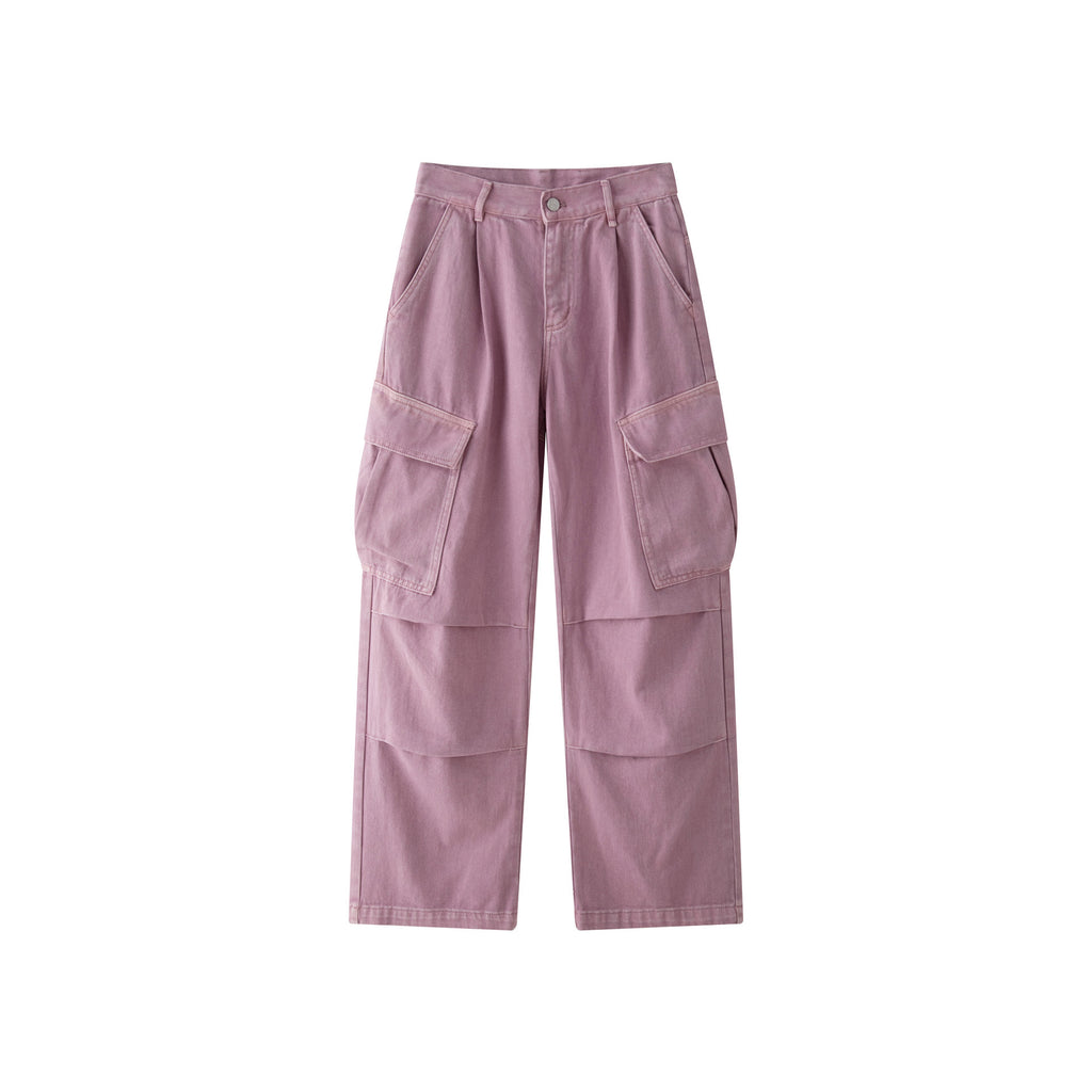 AM Vision RO Retro Cargo Pocket Wide Leg Denim Pants in Light Pink with Spacious Pockets