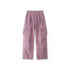 AM Vision RO Retro Cargo Pocket Wide Leg Denim Pants in Light Pink with Spacious Pockets
