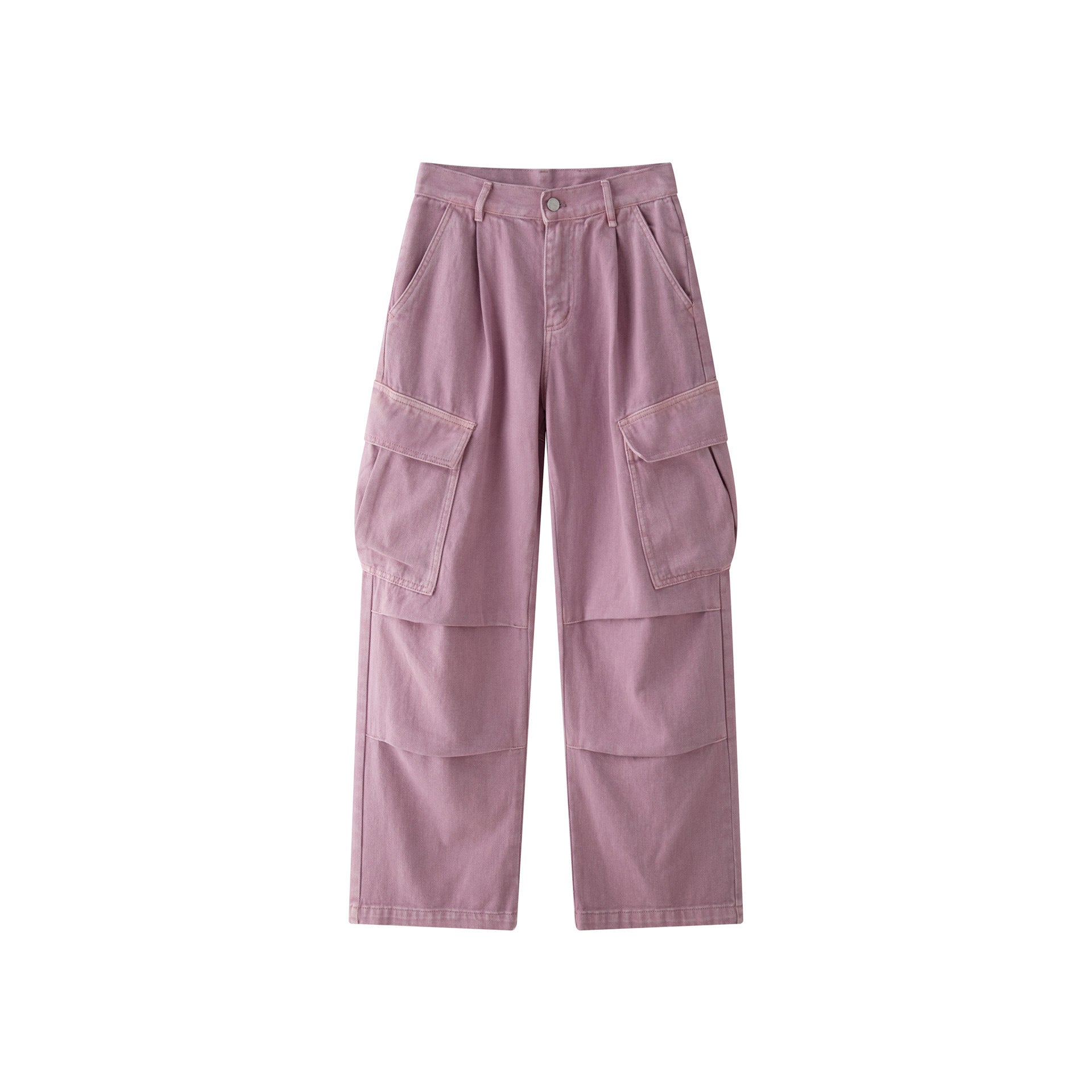 AM Vision RO Retro Cargo Pocket Wide Leg Denim Pants in Light Pink with Spacious Pockets